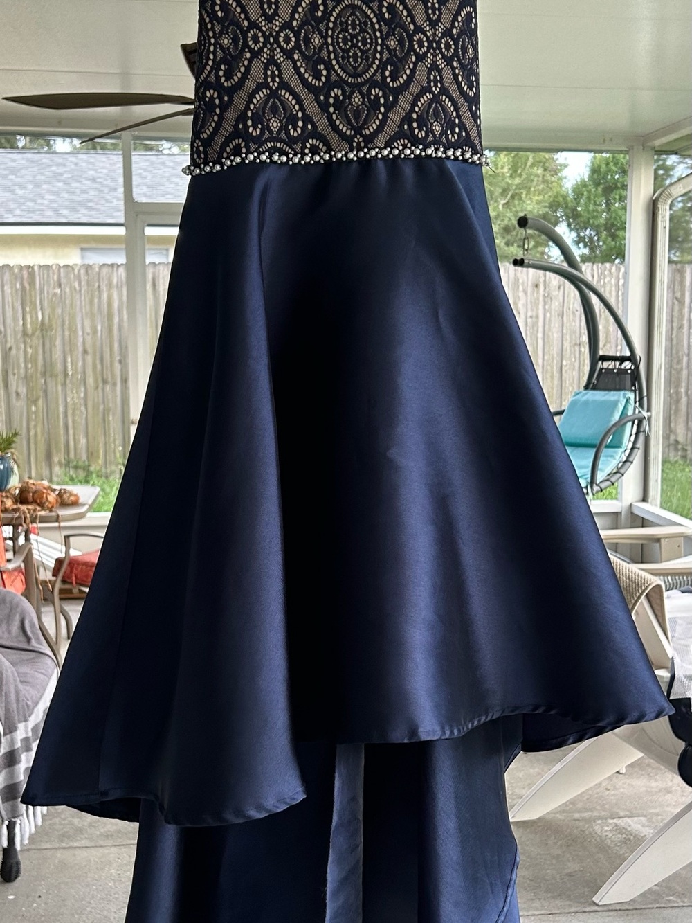 Xtraordinary Navy Satin High-Low Formal Skirt with Beaded Waist